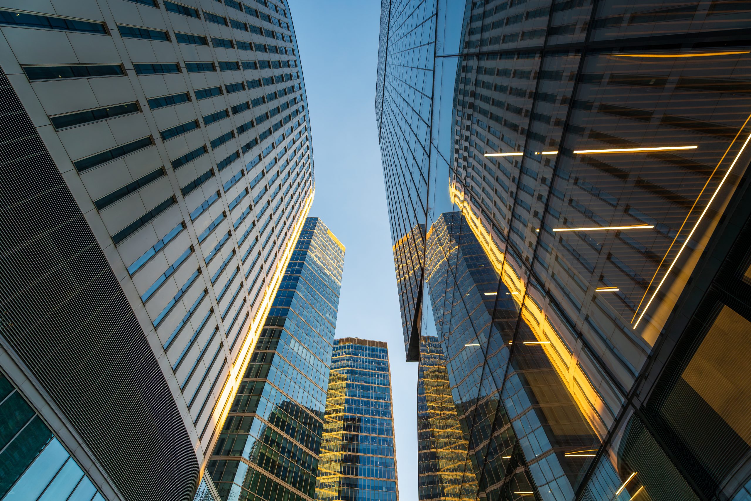 Skyscrapers in Warsaw. Office buildings in the business part of the city. Glass and steel structures. Center of Warsaw